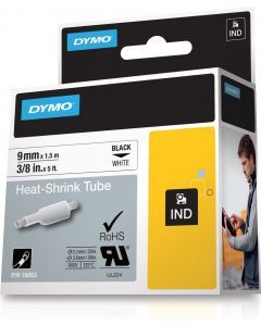 DYMO RhinoPRO märkbar krympslang 9mm, svart på vitt, 1.5m rulle