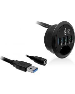 DeLOCK USB 3.0 hub för inbyggnad i bord, 4 portar, nätadapter, svart