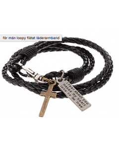 Flätat läderarmband med citat och kors
