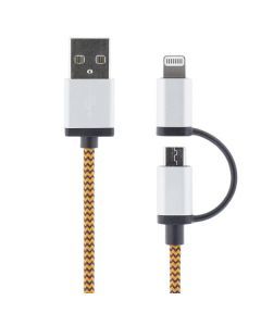 Ny Tygklädd USB-Kabel med både lightning-kontakt och Micro USB (Orange)