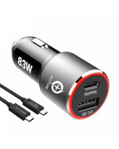 83W Snabbladdare för Bil till mobil och laptop, USB-C, USB-A Quick Charge 3.0 +2m USB C