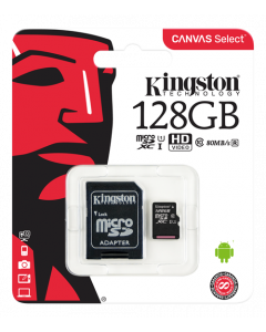 Kingston Canvas Select microSDXC-kort, 128GB, Klass 10 UHS-I, inkl. SD-korts adapter, svart