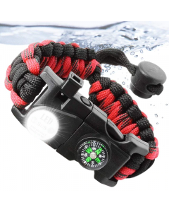 Paracord Överlevnadsarmband, Kompass, SOS Lampa, Multiverktyg för Överlevnad, Röd-Svart